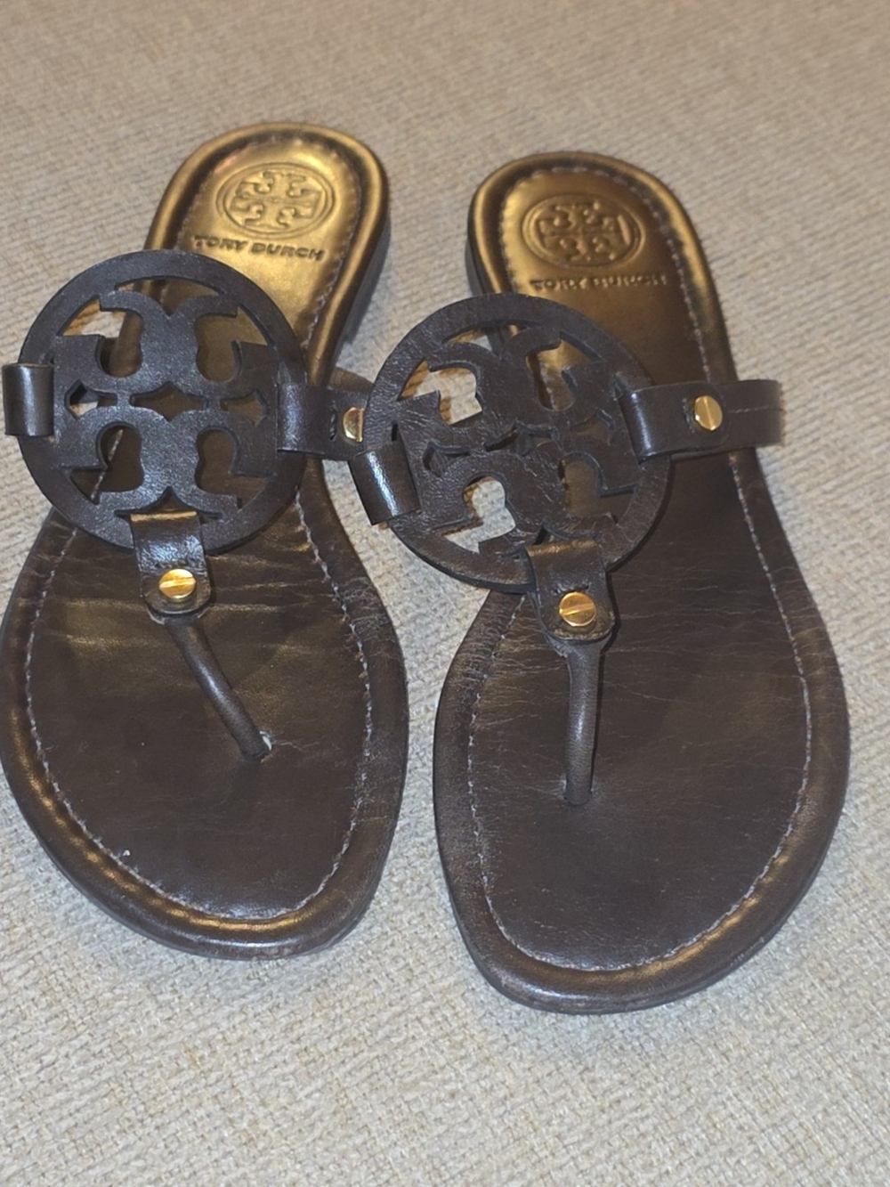 Tory Burch Cocoa Leather Logo Thong Sandals with Gold Studs